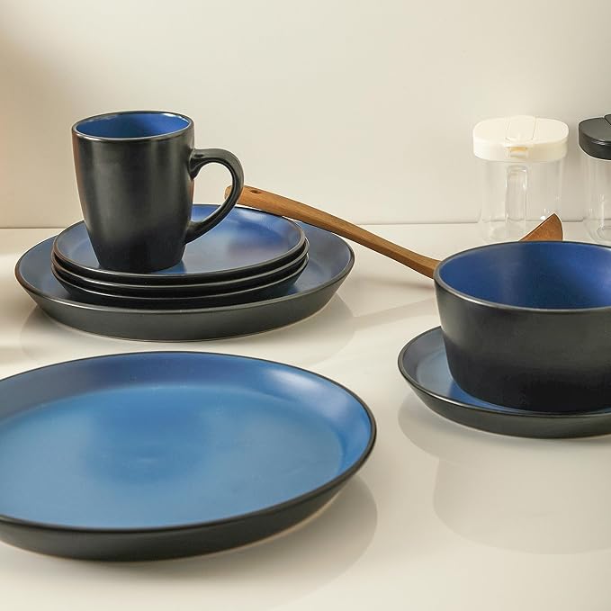 SERVICE FOR 4 - Total of 16 pieces including 8 dinner plates (10”), 4 salad plates (7.5”), 4 bowls (5.75”), and 4 mugs (12 oz), making it the perfect set to service 4 people