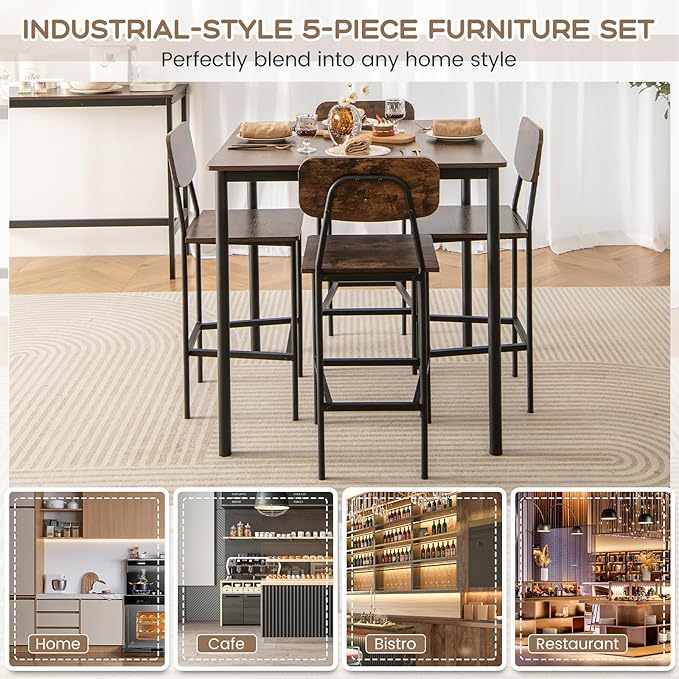 Giantex 5-Piece Dining Table Set W/Counter Height Table & 4 Bar Stools, Industrial Kitchen Dining Set W/Footrest & Backrest, Space-Saving Dinette Set for Pub, Dining Room, Restaurant (Mix Brown)