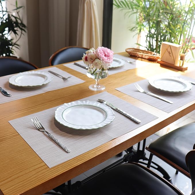 Placemats Set of 4,Heat Resistant Non-Slip Table Mats,Place mats for Dining Table,Washable Durable PVC Vinyl Woven Placemat（Beige）