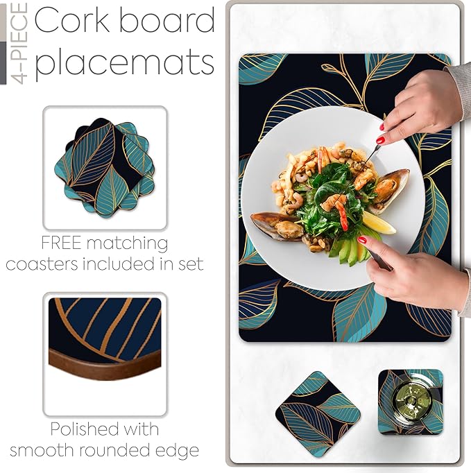 Set of 4 Heat Resistant Cork Placemats for Dining Table with Free Set of 4 Matching Drink Coasters Sage Green Marble Design 16 x 12 Inches Cork Backed Hard Placemats (Blue Gold Botanical)