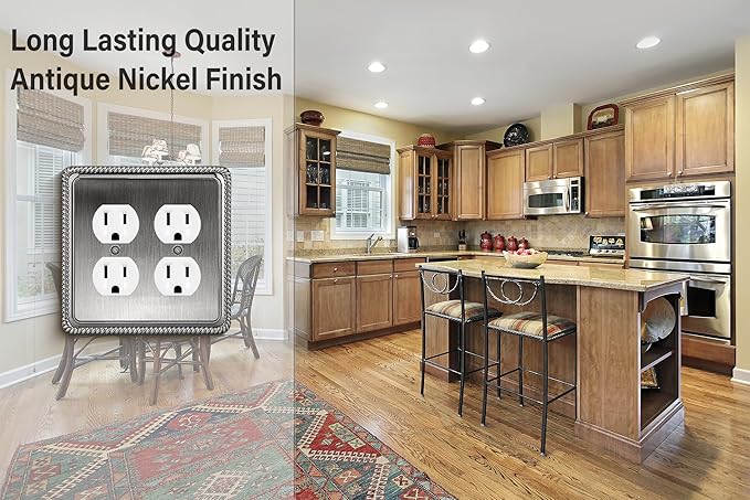 Henne Bery Rope Edge Decorative Wall Plate Switch Plate Outlet Cover (Double Duplex, Heirloom Silver)