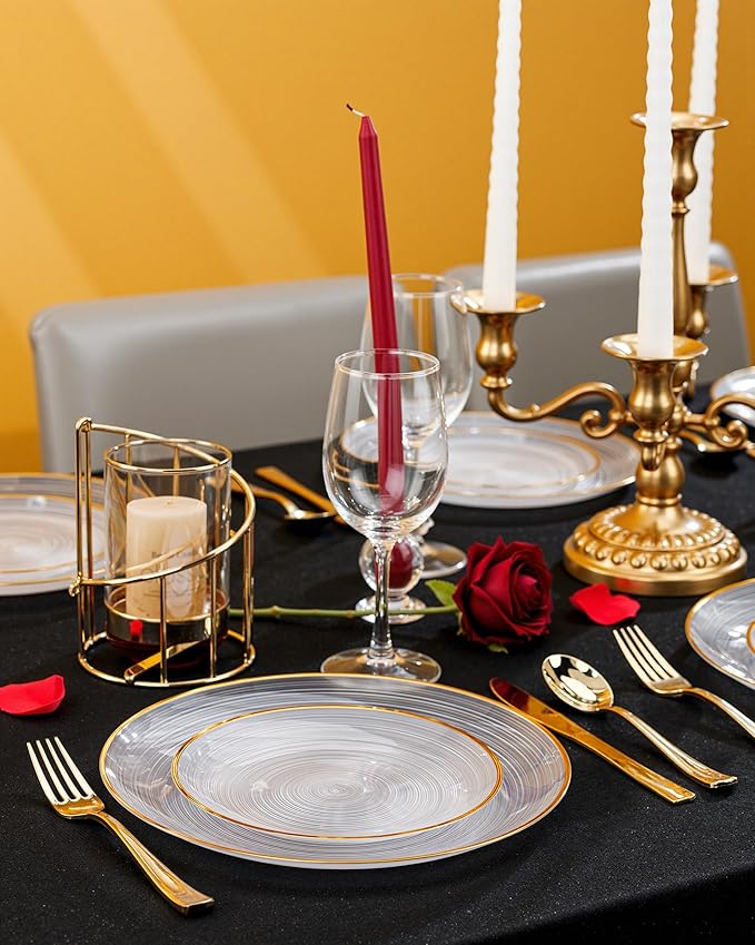 Morejoy 60Pcs Clear Plastic Plates,Clear Disposable Plates With Gold Rim,Heavy-duty Gold Plate, Modern swirl design Plate Include 30Clear Dessert-Platos,30Dinner-Platos for Party&Christmas