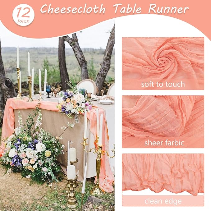 12 Pack Cheesecloth Table Runner 35x72 Inch Boho Gauze Table Runner Rustic Cheese Cloth Long Romantic Table Runners for Wedding Bridal Shower Birthday Party Table Decor (Peach Coral)