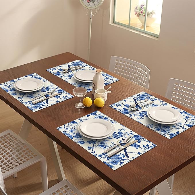 Flower Bird Placemats Set of 6, Blue Birds Place Mats,Blue and White Floral Waterproof Washable Table Mats for Home Party Indoor Kitchen Dining Table Decoration 12x18 Inch