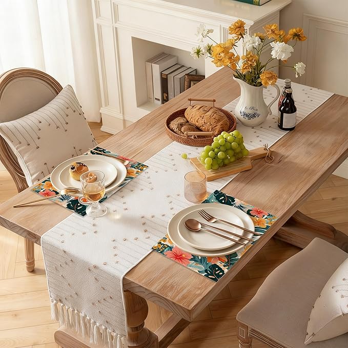 Placemats Set of 6 Tropical Floral Orange Flowers Place Mats Washable Kitchen Dining Linen Table Mats Stain Heat, for Home Party Indoor 12x18 in