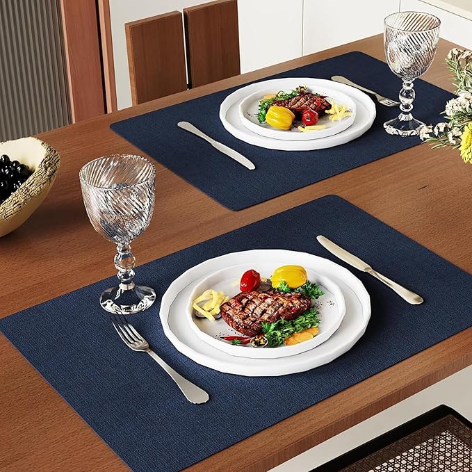DOLOPL Placemats Set of 4, Reversible Wipeable & Heat Resistant Place Mats, Modern Faux Leather Table Mats for Kitchen, Neutral Waterproof Tablemats for Dining Table Decor, Wedding, Party(Navy Blue)