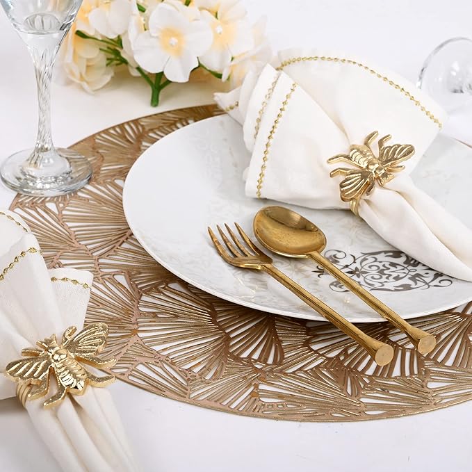 ALPHA Living HOME Decorative Bee Napkin Rings - 12 Pcs Elegant Metal Napkin Ring Modern Cloth Napkin Holders for Table Kitchen Dinner Decor Party Wedding Everyday Use (Gold)