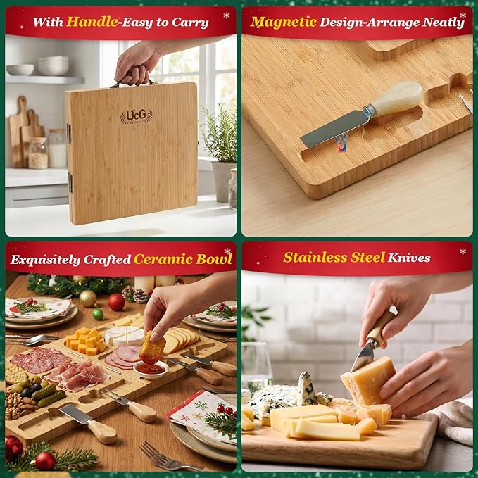 Charcuterie Board Gifts for Women: Bamboo Folding Cheese Board with Knife Set - Unique White Elephant Gift, Valentine Christmas Birthday Party House Warming Gift for Mom Wife Girlfriend