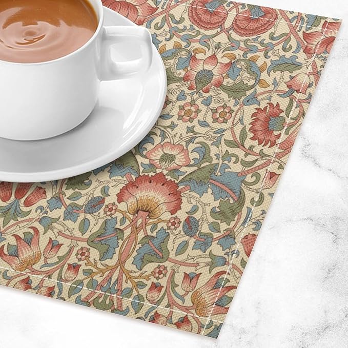 William Morris Placemat Set, Beige Blue Pink Retro Rustic Art Exotic Ethnic Lotus Floral Seamless Pattern Home Decor Linen Table Mats for Dining Room Kitchen Party (17x12in) x2P