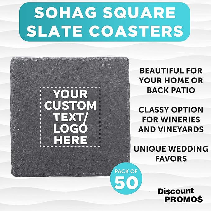Custom Sohag Square Slate Coasters Set of 50, Personalized Bulk Pack - Table Decor, Kitchen Decor, Wedding Favors - Black