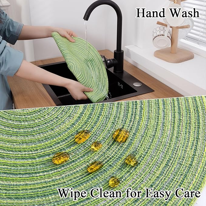 SHACOS Round Placemats Set of 8 Washable 15 inch Round Table Mats Braided Non Slip Fabric Place Mats for Dining Table Indoor Outdoor (Mixed Color Pea Green, 8)