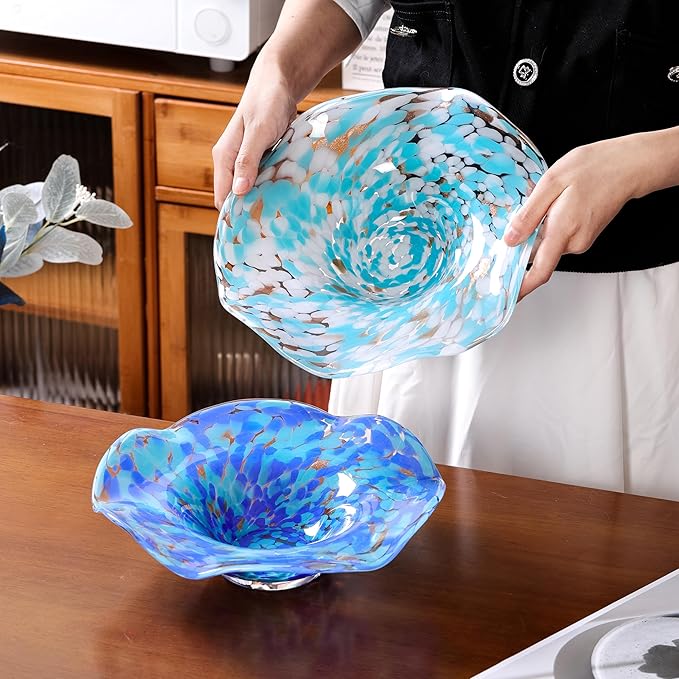 Hand Blown Murano-style Art Glass Bowl, 10.2-Inch Large Decorative Centerpiece for Table, Cobalt Blue Fruit Display & Kitchen Counter Decor