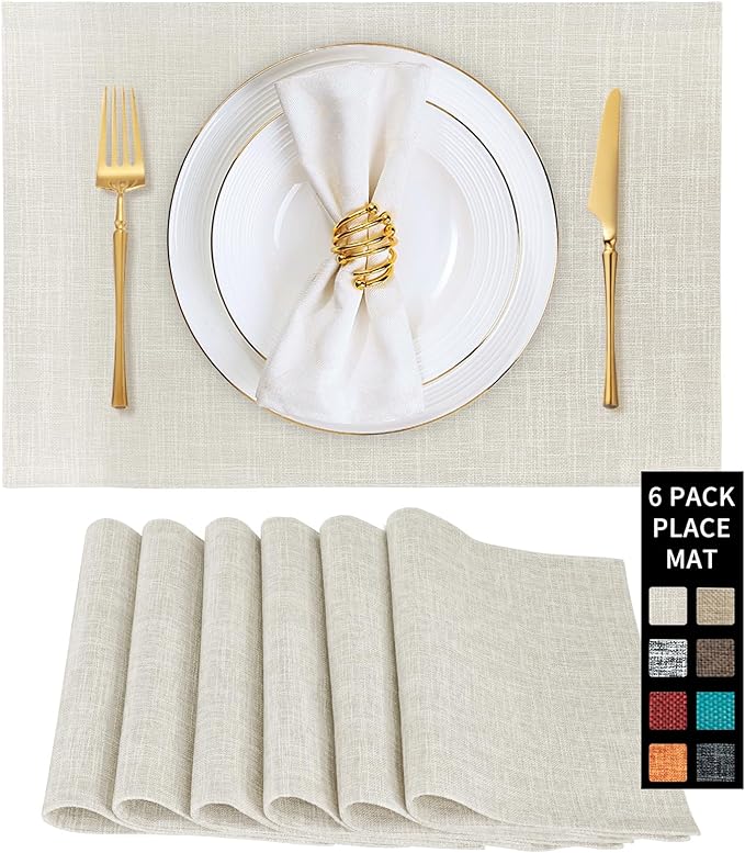 Beige Cloth Placemats Set of 6 - Washable Dining Table Mats Cloth Place Mats for Kitchen Place Mats Rectangle Farmhouse Fall Placemats for Indoors & Outdoors, Easy to Clean 12 x 18 Inch