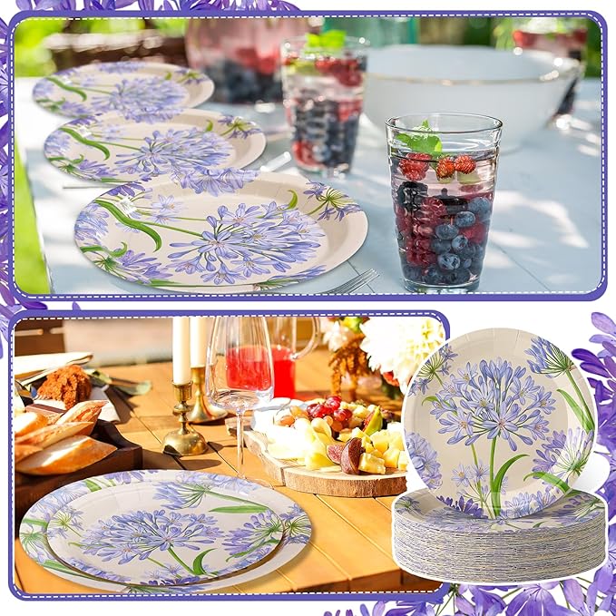 48 Pcs Agapanthus Garden Paper Plates Set Include 9" 7" Spring Watercolor Disposable Plates Summer Decorative Dinner Flower Birthday Party Tableware for Baby Shower Party Supplies