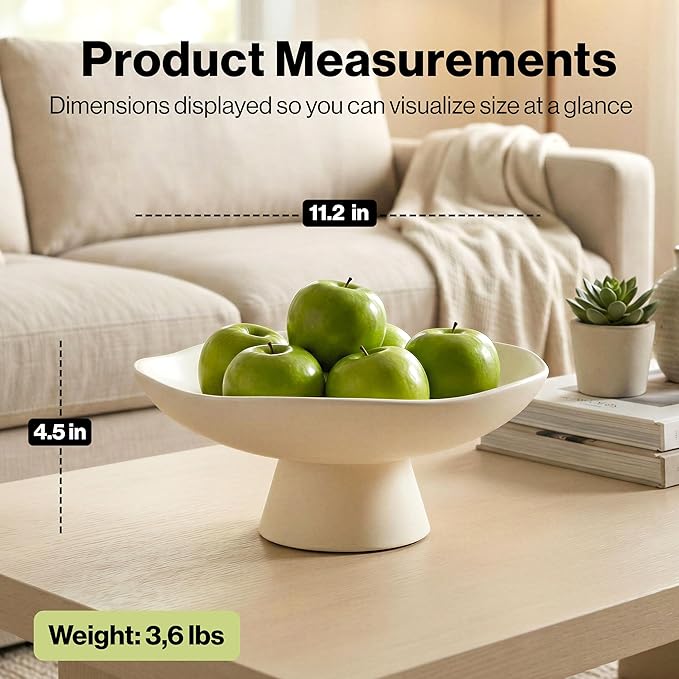 Modern Concrete Fruit Bowl for Kitchen Counter – Cream White Decorative Pedestal Bowl, 11.2” Wide Minimalist Fruit Tray for Home Décor, Table Decor, Entryway Key Bowl