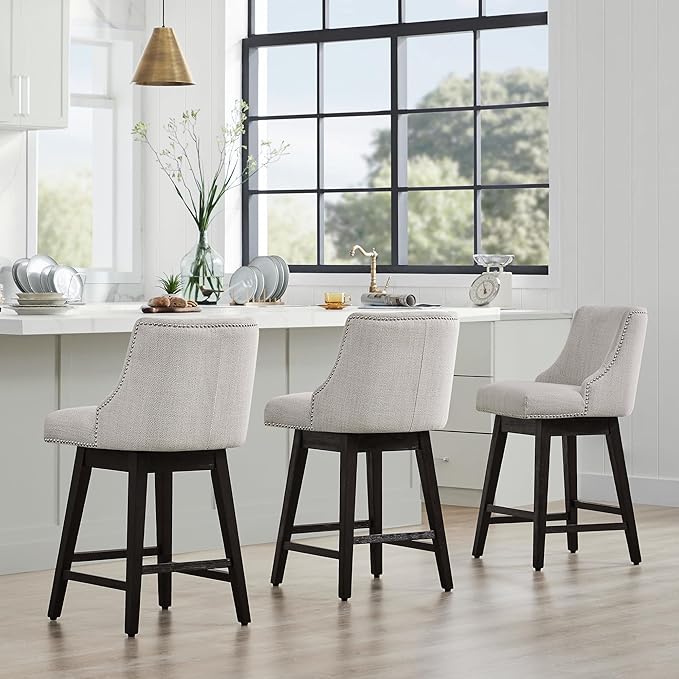 CHITA Counter Height Swivel Bar Stools, FSC Certified Upholstered Counter Stools, Modern Swivel Barstools with Wood Legs for Kitchen Island, 26" Seat Height, Fabric in Ivory
