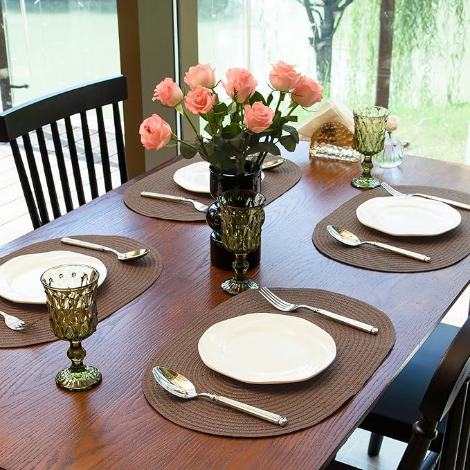 Noctiflorous Oval Braided Placemats Set of 4 Woven 12x18 Inch Non Slip Washable Heat Resistant Place Mats Round Tablemats for Dining Kitchen Party Daily Table Decor Dinner Mats (Solid Brown, 4)