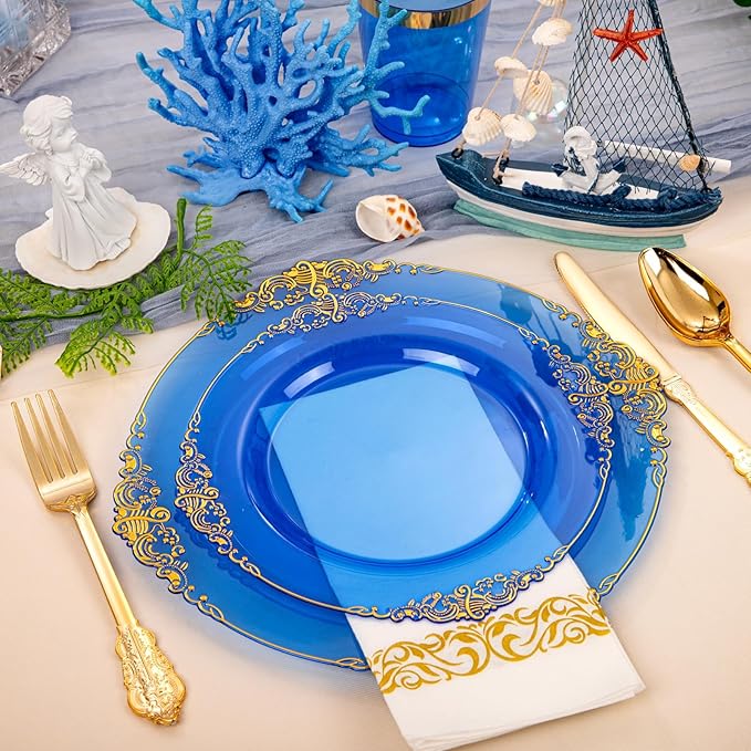 Hioasis 210pcs Blue and Gold Plates - Blue Party Plates for 30 Guest, Include 60 Heavy-duty Plates(20% Thicker Than Standard), 30 Pre Rolled gold Plastic goldware Set, 30 Cups