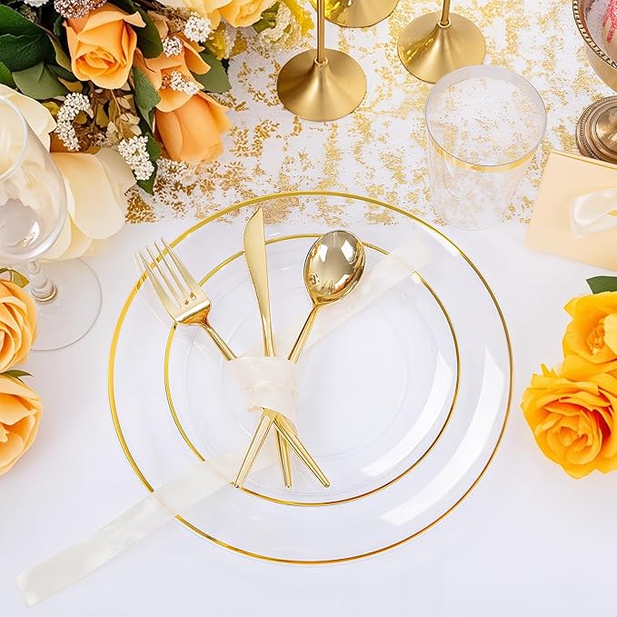 EI 180pcs Gold Plastic Plates,Clear Plates with Gold Trim,Plastic Plate for Party,Clear Dinnerware Set Silverware Cups for Baby Shower,Wedding,Spring Afternoon Tea