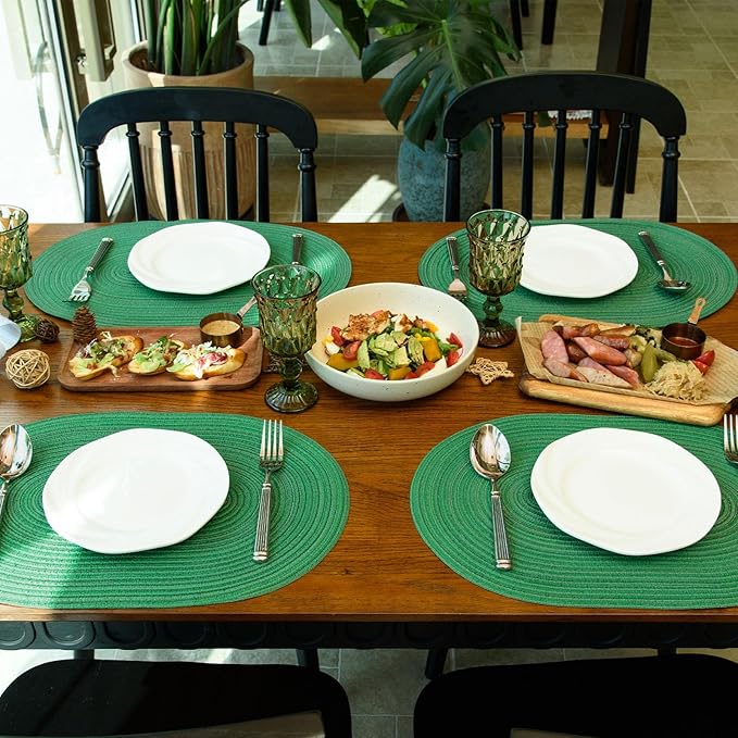 Noctiflorous Oval Braided Placemats Set of 6 Woven 12x18 Inch Non Slip Washable Heat Resistant Place Mats Round Tablemats for Dining Kitchen Party Daily Table Decor Dinner Mats (Green Shine, 6)