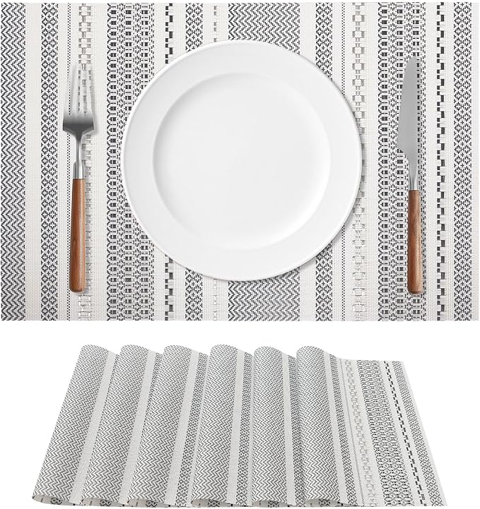 FAVE Boho Vinyl Placemats Set of 4, Durable Woven Place Mats Washable Heat Resistant PVC Table Mats for Parties,Weddings, Dining,Banquet(Gray, 4PCS)