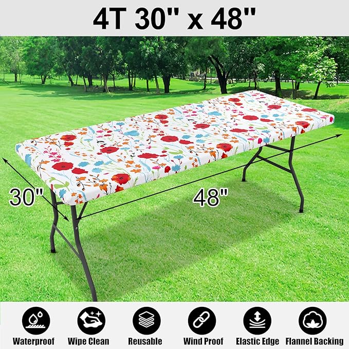 Smiry Rectangle Table Cloth Cover, Waterproof Elastic Fitted Picnic Tablecloth for 4 Foot Tables, Wipeable Flannel Backed Vinyl Tablecloths for Camping, Dining, Outdoor (Off White, 30" x 48")