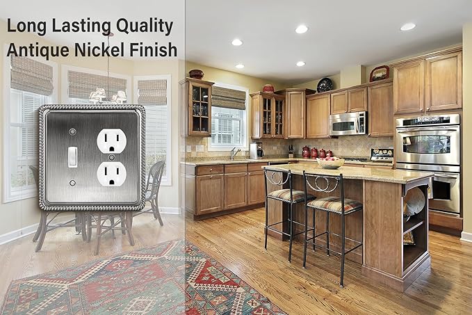 Henne Bery Rope Edge Decorative Wall Plate Switch Plate Outlet Cover (Toggle/Duplex, Heirloom Silver)