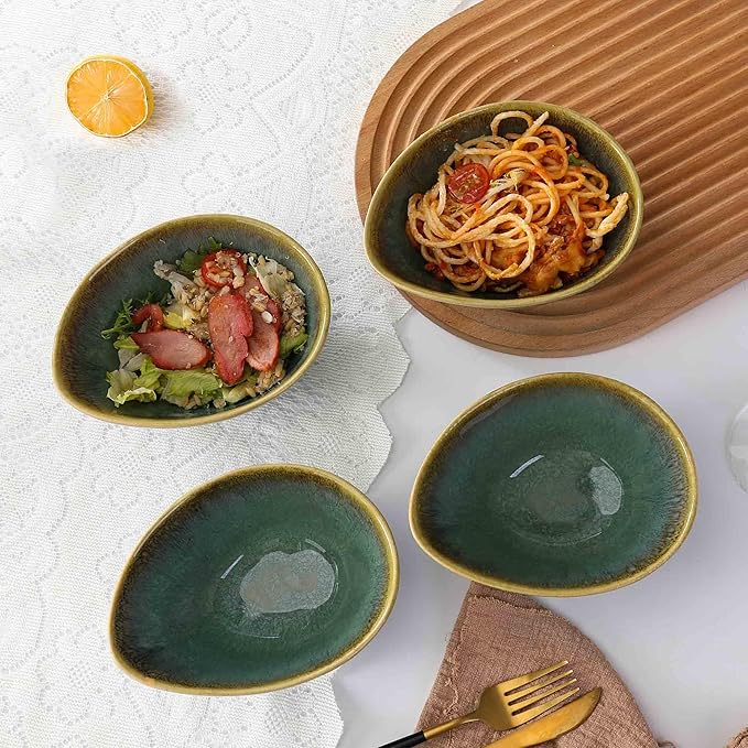 Henten Home Ceramic 20 oz Salad Bowls Set, Slanted Snack Bowl Set of 4, Porcelain Serving Bowls for Soup, Dessert, Microwave & Dishwasher Safe, Reactive Glaze (Green)