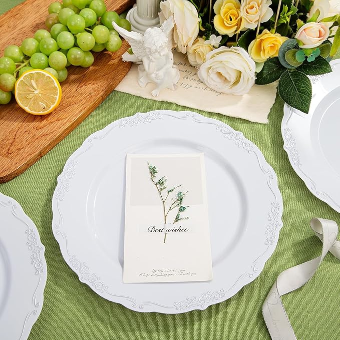 DaYammi 60PCS White and Silver Plastic Plates, Heavy Duty White and Silver Disposable Plates Premium 10inch White Dinner Plates Hard Plastic Plates Disposable for Party Wedding Bridal Shower