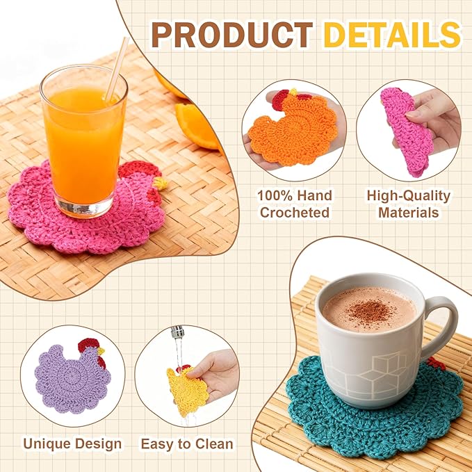 Funny Chicken Coasters Set of 4, Handmade Crochet Farmhouse Style Drink Coasters, Cute Knitted Desk Accessories for Home Decor, Unique Housewarming Gifts (Style A)