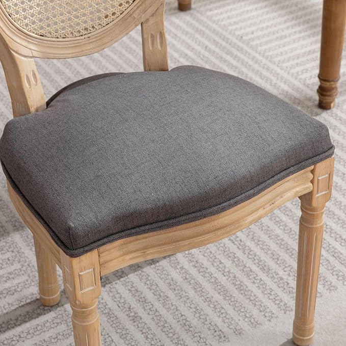 Ball & Cast French Vintage Upholstered Dining Chairs Set of 2, Antique Painting Wooden Kitchen Side-Chairs with Rattan Back & Carved Solid Wood Frame, 2-Piece Curved Backrest Louis Chair, Gray