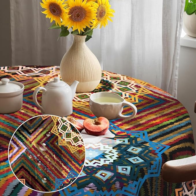 Laeacco 70 Inch Colorful Patchwork Round Tablecloth Woven Flowers Geometric Abstract Art Print Table Cloth Washable Waterproof Wrinkle Free Table Cover for Kitchen Dining Picnic Party Decoration