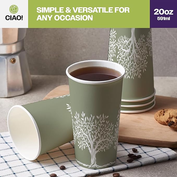 CIAO! 20oz Paper Hot Cup, Rooted Olive Print, (Case of 600)