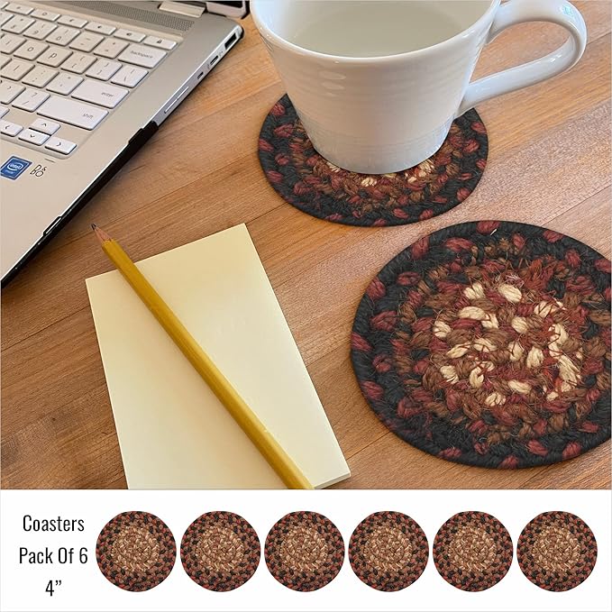 Homespice Prescott Jute Braided Coasters 4", Warm Primitive Decor, Set of 6, Black and Red - Durable, Absorbs Moisture, Easy to Clean and Protects Furniture