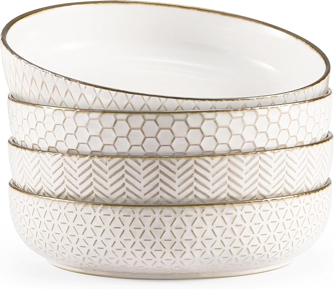 KooK Pasta Bowls, Ceramic, Embossed Serving Bowls For Stews and Salads, Large Capacity, Microwave & Dishwasher Safe, Ivory with Dark Copper Accents, Set of 4, 40 oz, Narbonne Collection