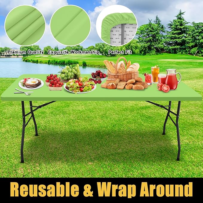 Smiry Rectangle Picnic Table Cloth, Waterproof Elastic Fitted Tablecloths for 6 Foot Tables, Washable Polyester Table Cover for Camping, Indoor and Outdoor (Lime Green, 30"x72")