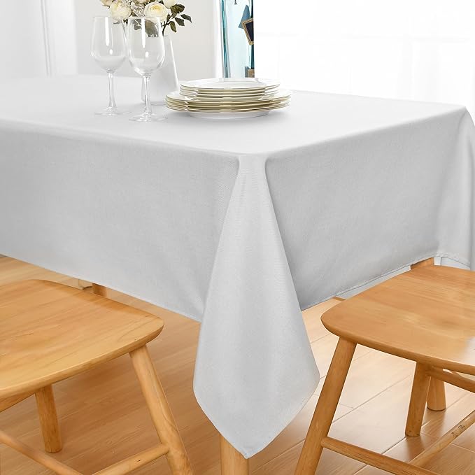 JIUZHEN Faux Linen Rectangle Tablecloth, Wrinkle Stain Resistant Farmhouse Textured Table Cloth Decorative Fabric for Kitchen, Dining, Party, Wedding,Outdoor Use,90 x 132 Inch,White