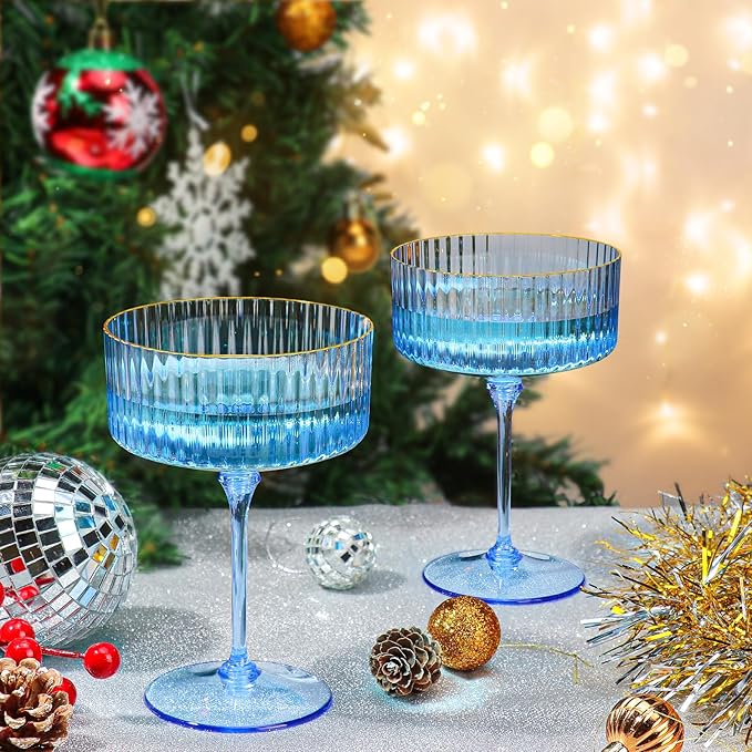 XUWAIDSGN 12 Pcs Champagne Martini Glasses 9 Oz with Gilded Removable Gold Rim Coupe Glasses Pink Martini Glasses Plastic Mimosa Vintage Coupe Glasses Set For Wedding Anniversary (12, Clear Blue)