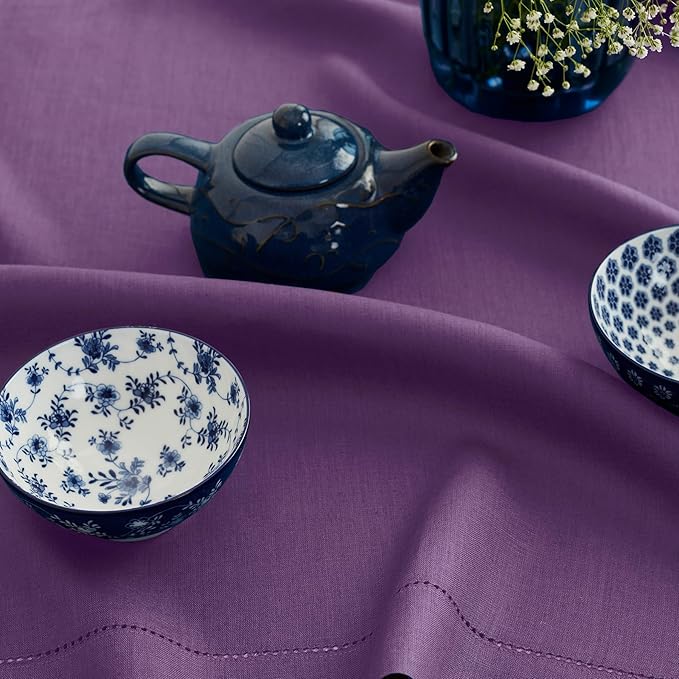 Solino Home Linen Tablecloth 60 x 108 Inch - Classic Hemstitch 100% Pure Linen Purple Table Cloth for Rectangle Tables - Machine Washable Tablecloth for Valentines, Spring, Easter