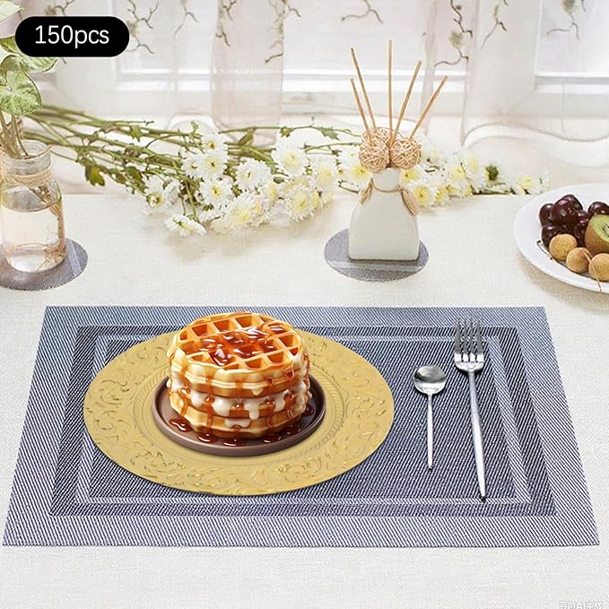 150 Pcs Antique Charger Plates Bulk, 13in Reusable Serving Plates Embossed Rim Plastic Party Dinner Plate Chargers Round Decorative Server Plate for Wedding Party Event Tableware