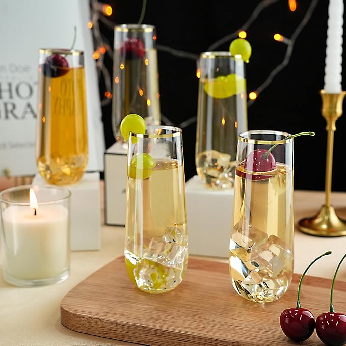24 Pack 9 oz Stemless Plastic Champagne Flutes, Clear Disposable Champagne Glasses Gold Rim, Shatterproof and BPA-Free Drinkware for Party & Graduation & Wedding