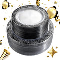 U-QE 100pcs Clear and Black Plastic Plates - Black Plates Disposable for Party - Disposable Plates for Premium Party Supplies Including 50 Dinner Plate 10.25 '' &50 Dessert 7.5 '' Plate