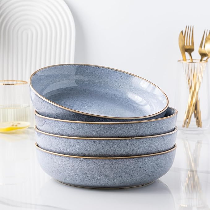 GBHOME 8.75'' Large Ceramic Pasta Bowls, 38oz Stoneware Pasta Serving Bowls Set of 4 for Kitchen, Wide Bowls for Fruit,Pasta,Salad,Oatmeal,Meal, Microwave Safe, Reactive Glaze-Blue