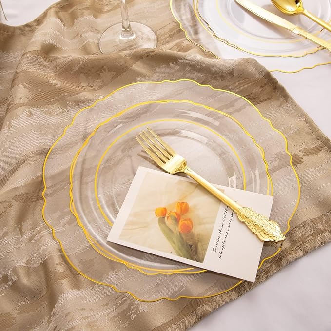 WDF 100pcs Clear Disposable Plastic Plates With Gold Trim - Baroque Clear Gold including 50PCS Dinner Plates 10.25inch and 50PCS Salad Plates 7.5inch for Wedding Birthday Valentine's Day