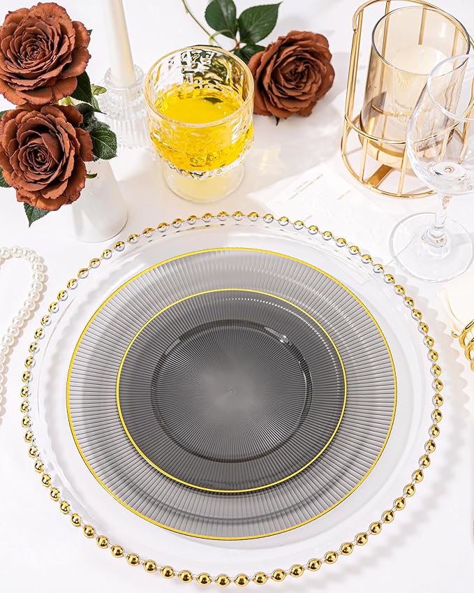 Hioasis 60pcs Black and Gold Plastic Plates - Black Disposable Dinnerware Set, 30pcs Dinner 10.25in & 30pcs Dessert 7.5in Plates with Striped Designs for Party & Wedding