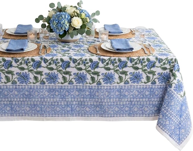ATOSII Taj 100% Cotton Summer Tablecloth, Block Print Floral Rectangle Table Cloth for Dining Table I Parties Wedding Outdoors, Grand Millenial Decor 60 X 108 Inches I 8 Seater