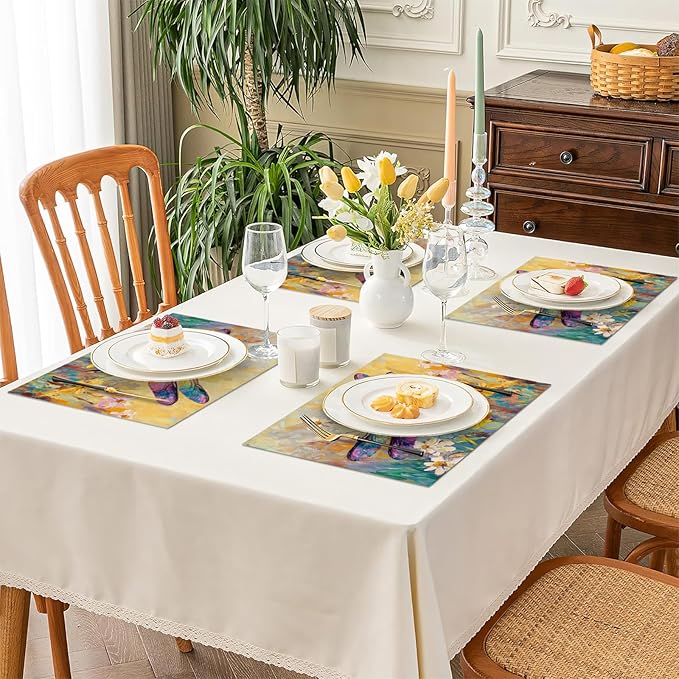 Dragonfly Placemats Set of 4, Dragonfly Flower Table Mats, Floral Washable Place Mats for Coffee Bar Home Party Indoor Kitchen Dining Table Decoration 12x18 Inch