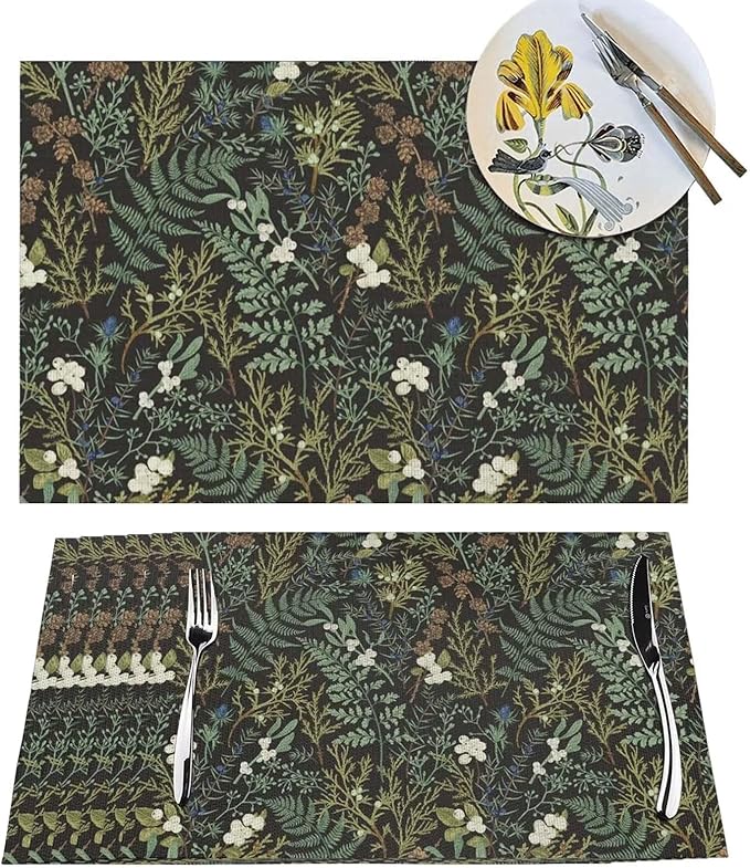 Botanical Print Floral Placemats Set of 6 Black Sage Green Spring Flower Plant Wipeable Table Mats Reusable Washable PVC Rectangle Place Mats for Kitchen Dining Home Decor 12x18 Inches