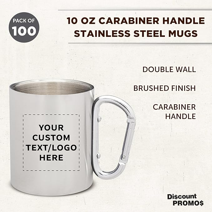 Custom Stainless Steel Mugs with Carabiner Handle 10 oz. Set of 100, Personalized Bulk Pack - Perfect for Coffee, Soda, Other Hot & Cold Beverages - Silver