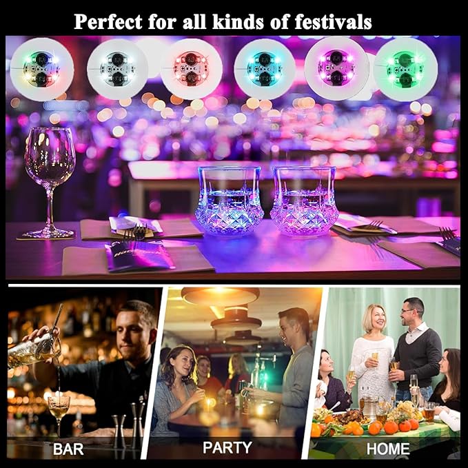 LED Drink Coasters, 60 Pack Multicolor, Round, EVA Material, 3 Lighting Modes, 24+ Hour Battery Life